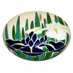 Japanese Kyoto Pottery Covered Jar with Irises
** Circa 1920
** With heavy enameling by the studio of Ninsei Utsushi.
** H: 2 1/4, Dia: 5 1/8
** $375