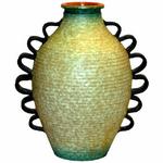 Zaccagnini Vase with Ribbon Handles
** Circa 1950s
** Wildly modern Italian art pottery vase made in Florence. Banded and spotted body with turquoise highlights and a bright, red mouthrim. Topped off with black, loopy, ribbon-like, wing handles.
** H: 13 3/4, W: 12, Dia: 9
** $1,275