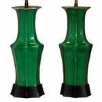 Pair Antique Chinese Porcelain Apple Green Lamps
** 19th Century
** With beautiful green crackle glaze, and fluted octagonal form. Made into lamps in the early 20th century with custom carved wooden bases, bronze caps, and bronze hardware.
** H #1: 14 1/2, H #2: 31, W: 6 1/2, Depth: 4
** $7,500