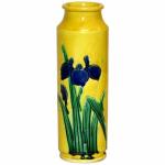 Bright Yellow Japanese Awaji Vase with Blue Iris
** Circa 1910
** In cylindrical form with tapered neck and rolled lip. Hand incised iris decor on front and reverse.
** H: 10, Dia: 4
** 1,950