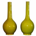 Large Pair Antique Kyoto Pottery Long Neck Vases
** Circa 1910
** In brilliant yellow crackle glaze.  (Not exactly the same form and hue, will sell separately.)
** H: 36, Dia: 15
** $7,500